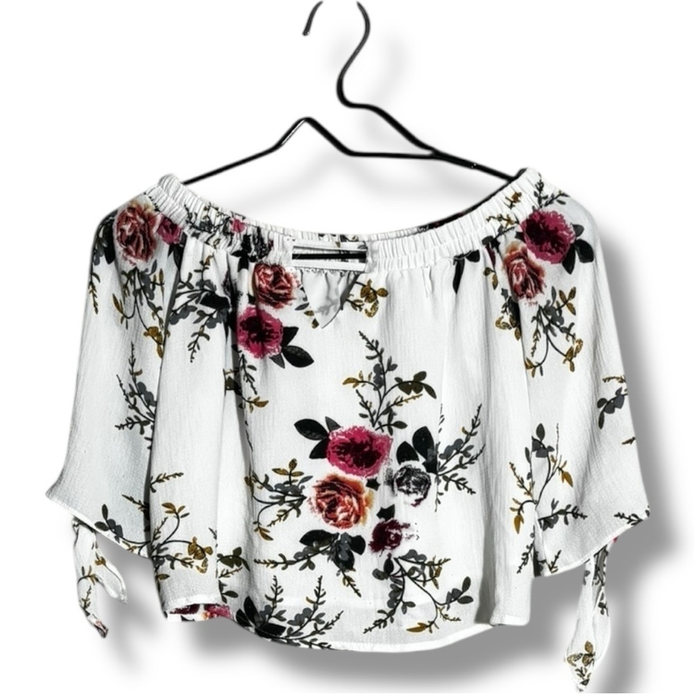 Unbranded Chic White Cotton Blend Floral Off-Shoulder 3/4 Tie Sleeves Blouse - Picture 13 of 16